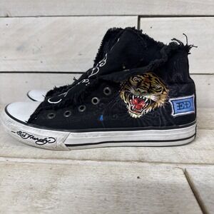 Ed Hardy Sneakers  Size 8 Black High Top Roaring Tiger All Over Print Laceless